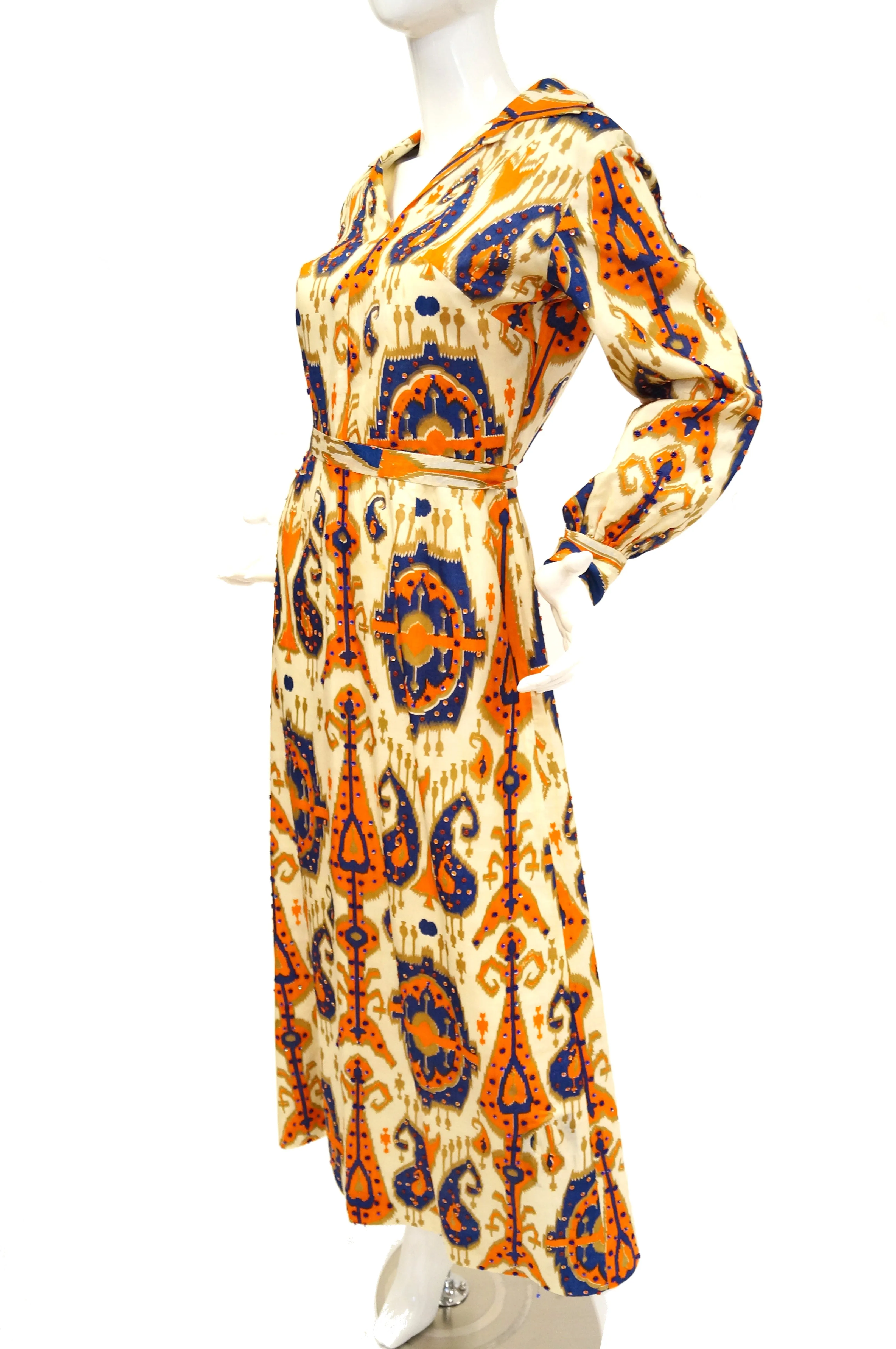 1970s Paisley Ikat Silk Beaded & Sequin Hostess Dress