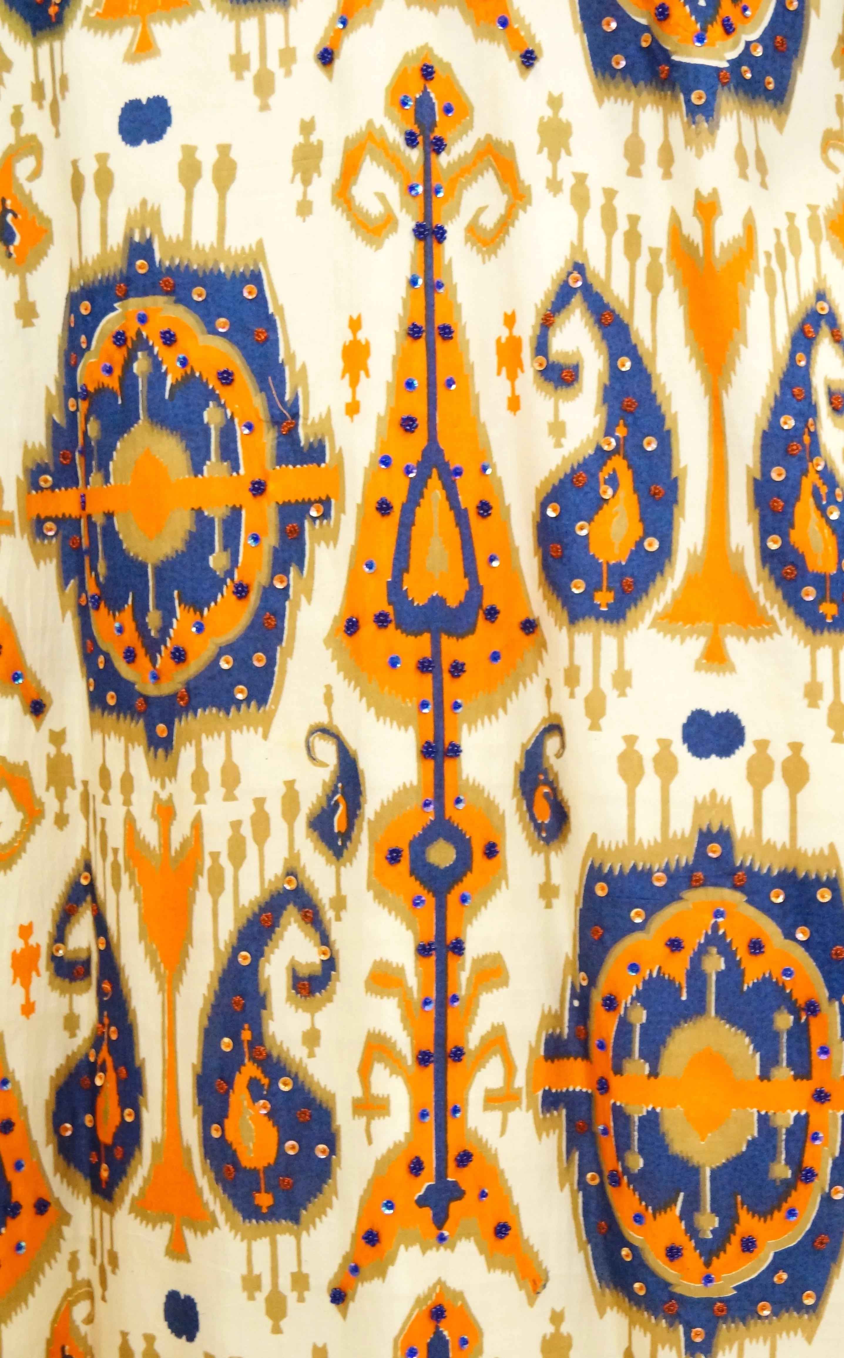 1970s Paisley Ikat Silk Beaded & Sequin Hostess Dress