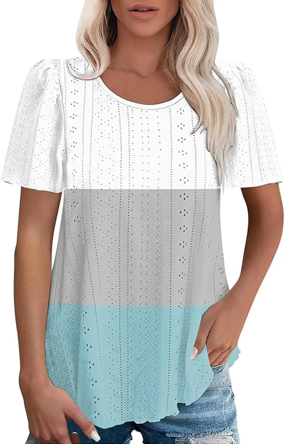 2025 Summer Womens Short Sleeve Tops Dressy Casual Eyelet Embroidery Crewneck T Shirts Trendy Loose Fit Deep V