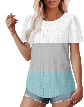 2025 Summer Womens Short Sleeve Tops Dressy Casual Eyelet Embroidery Crewneck T Shirts Trendy Loose Fit Deep V