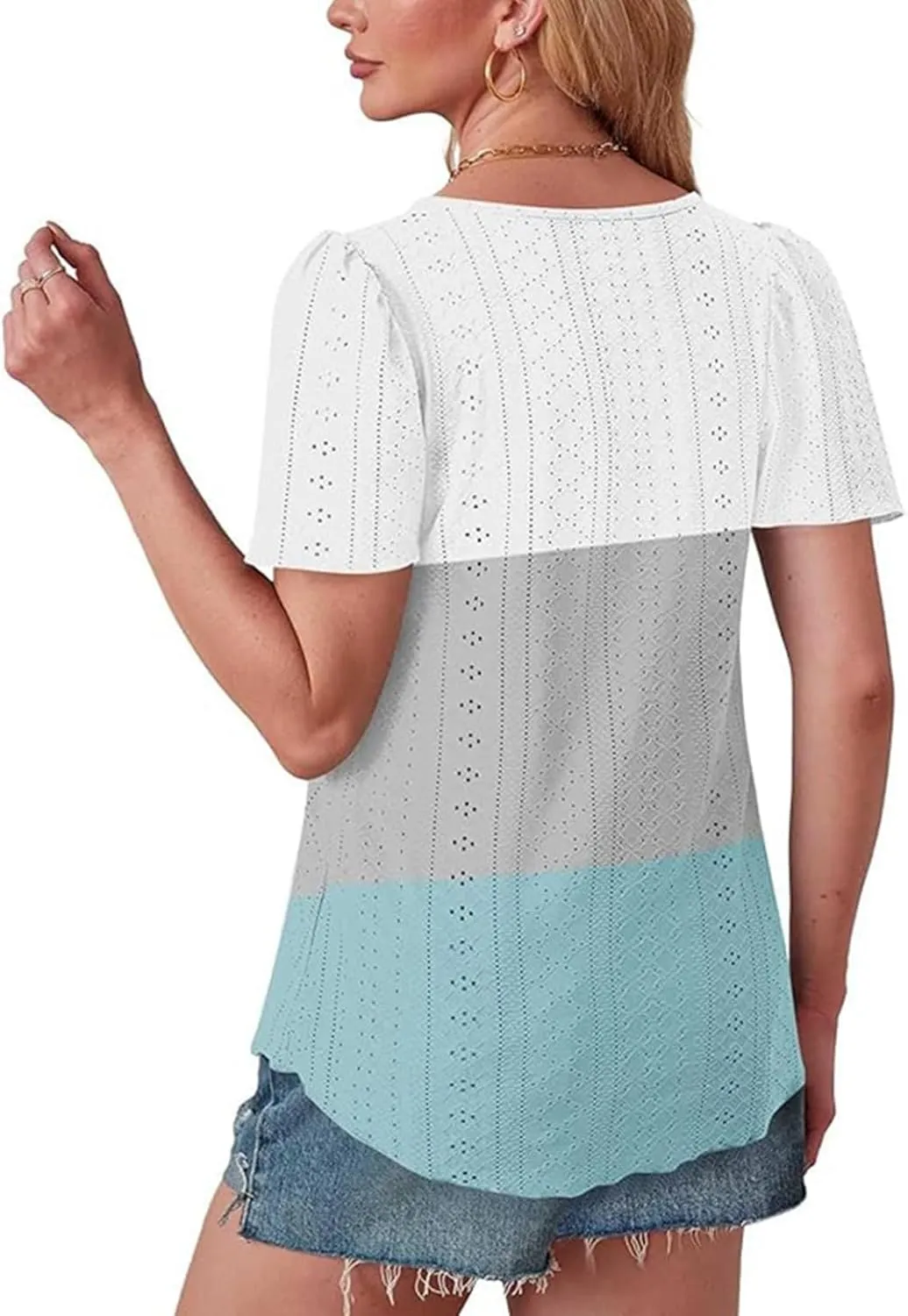 2025 Summer Womens Short Sleeve Tops Dressy Casual Eyelet Embroidery Crewneck T Shirts Trendy Loose Fit Deep V