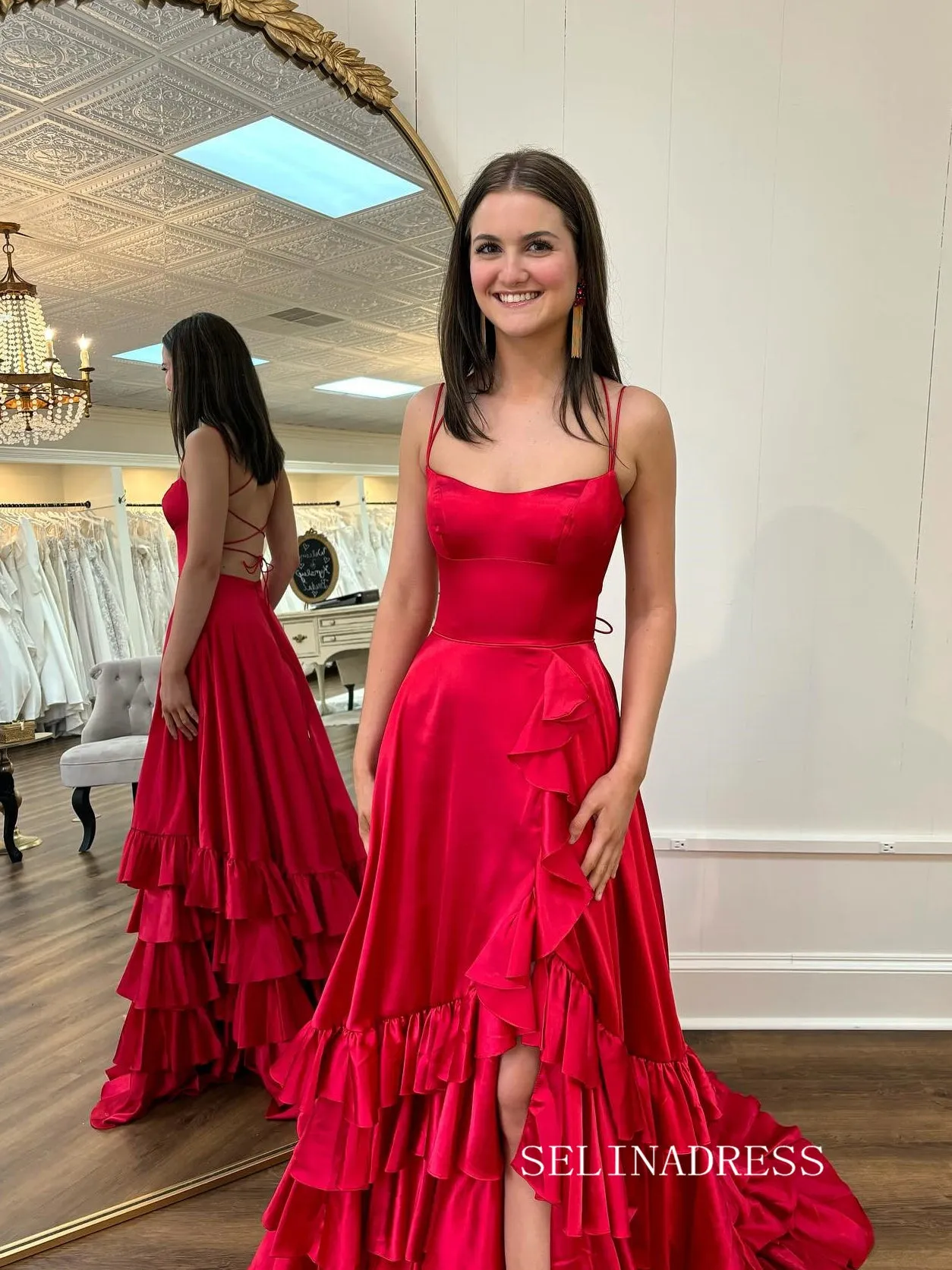 A-line Spaghetti Straps Tiered Red Long Prom Dress With Slit SEW1153