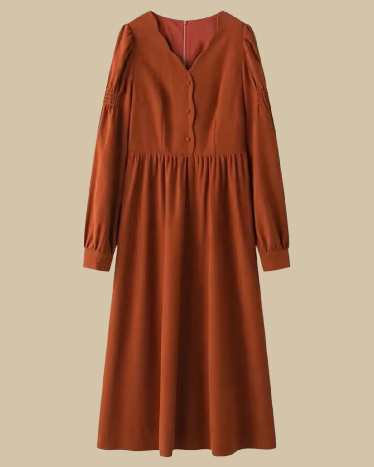 Amara Recycled Corduroy Long Sleeve Dress with Scallop Neckline
