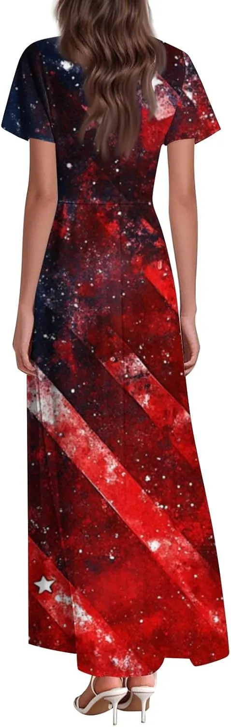 American Flag Dresses for Women Ankle Date Night Red White and Blue Maxi Wedding Guest USA Flag V Neck Going Out Dresses