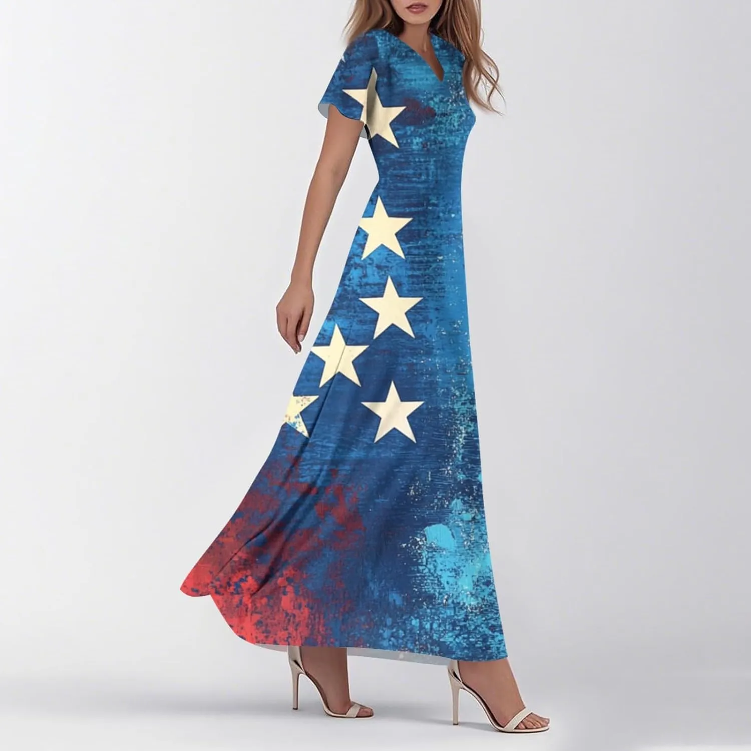 American Flag Dresses for Women Ankle Date Night Red White and Blue Maxi Wedding Guest USA Flag V Neck Going Out Dresses