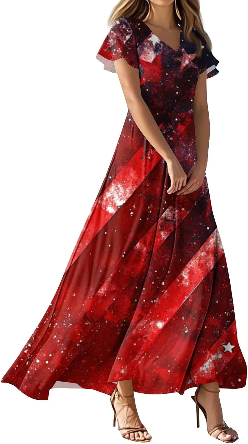 American Flag Dresses for Women Ankle Date Night Red White and Blue Maxi Wedding Guest USA Flag V Neck Going Out Dresses