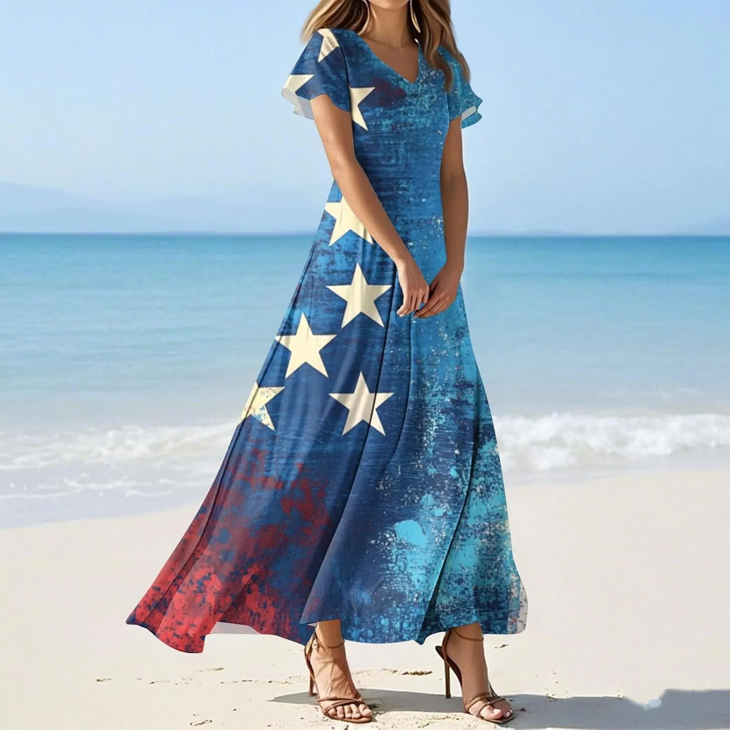 American Flag Dresses for Women Ankle Date Night Red White and Blue Maxi Wedding Guest USA Flag V Neck Going Out Dresses