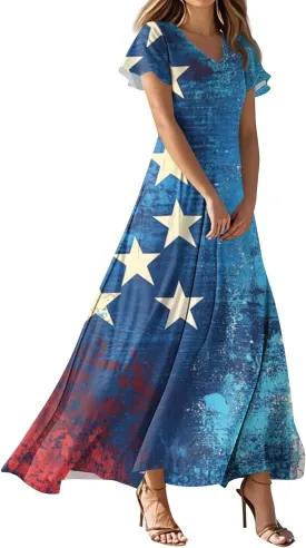 American Flag Dresses for Women Ankle Date Night Red White and Blue Maxi Wedding Guest USA Flag V Neck Going Out Dresses