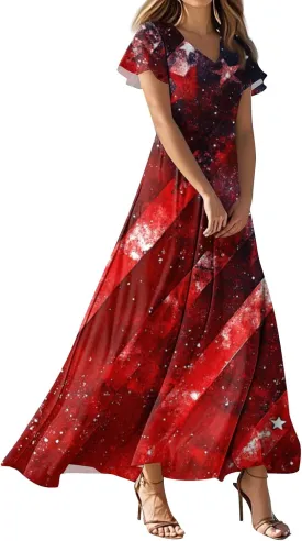American Flag Dresses for Women Ankle Date Night Red White and Blue Maxi Wedding Guest USA Flag V Neck Going Out Dresses