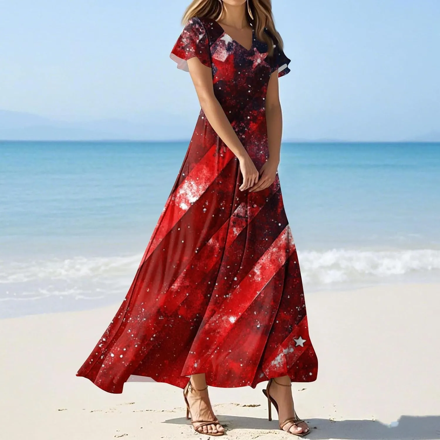 American Flag Dresses for Women Ankle Date Night Red White and Blue Maxi Wedding Guest USA Flag V Neck Going Out Dresses