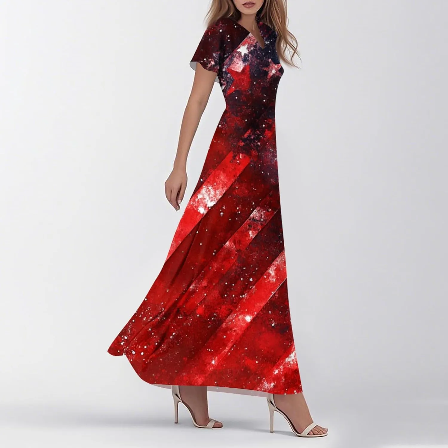 American Flag Dresses for Women Ankle Date Night Red White and Blue Maxi Wedding Guest USA Flag V Neck Going Out Dresses