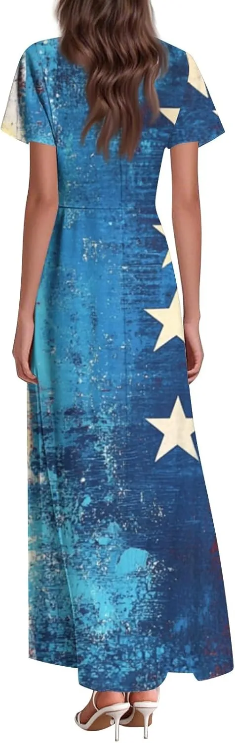 American Flag Dresses for Women Ankle Date Night Red White and Blue Maxi Wedding Guest USA Flag V Neck Going Out Dresses