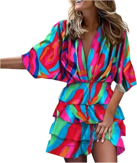BAXLIMEK Beach Dresses for Women,2025 Elegant Deep V Neck Batwing Sleeve Mini Dress Flowy Ruched Tiered Print Vacation Dress