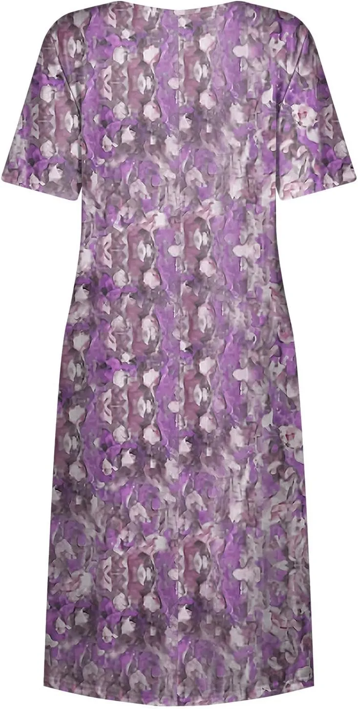 Below The Knee Short Sleeve Cover Up Ladies Dressy Classic Summer Soft Graphic Cotton Dress for Women.