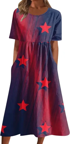 Below The Knee Short Sleeve Cover Up Ladies Dressy Classic Summer Soft Graphic Cotton Dress for Women.