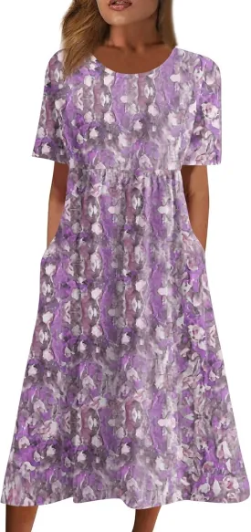 Below The Knee Short Sleeve Cover Up Ladies Dressy Classic Summer Soft Graphic Cotton Dress for Women.