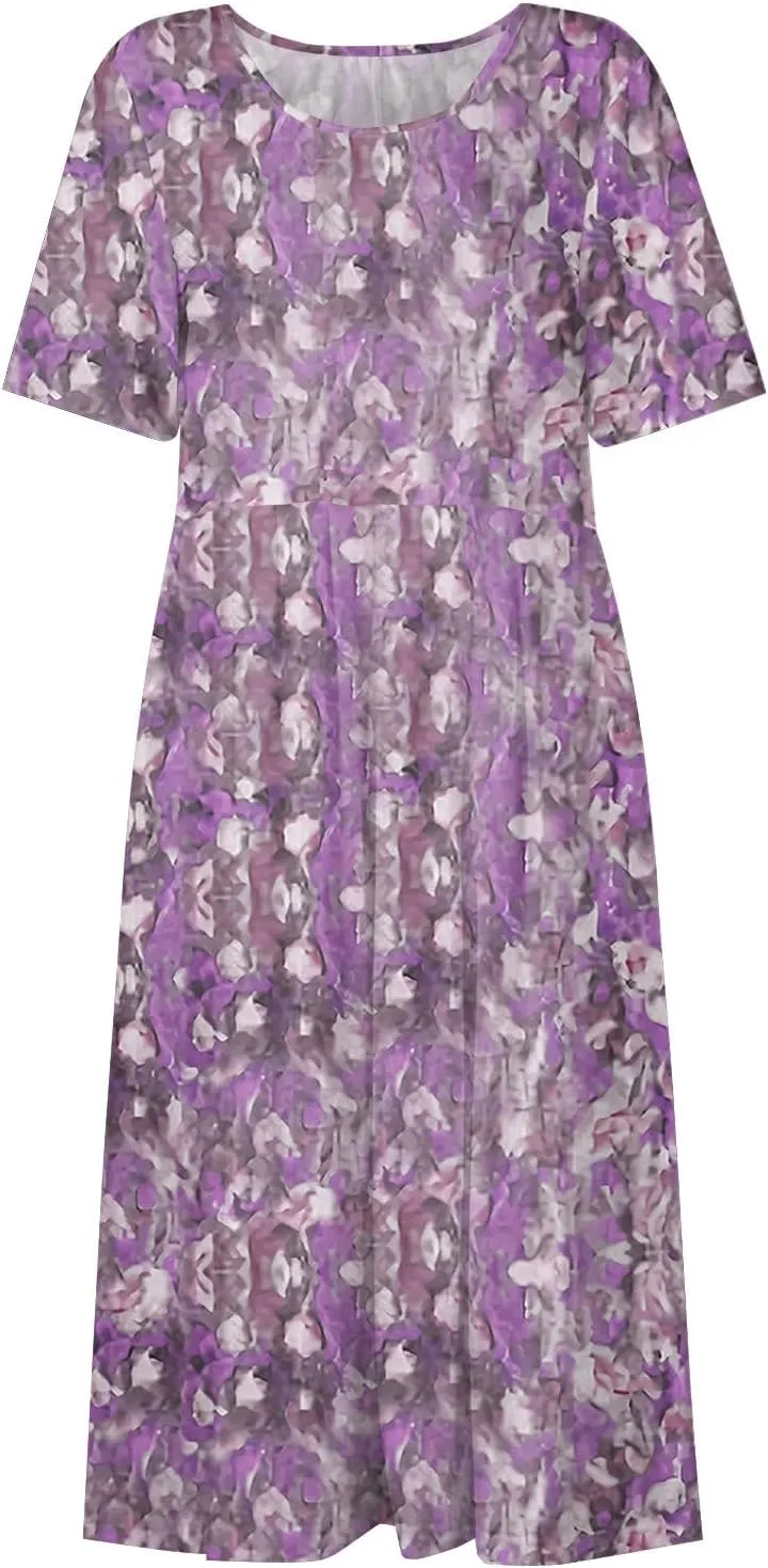 Below The Knee Short Sleeve Cover Up Ladies Dressy Classic Summer Soft Graphic Cotton Dress for Women.