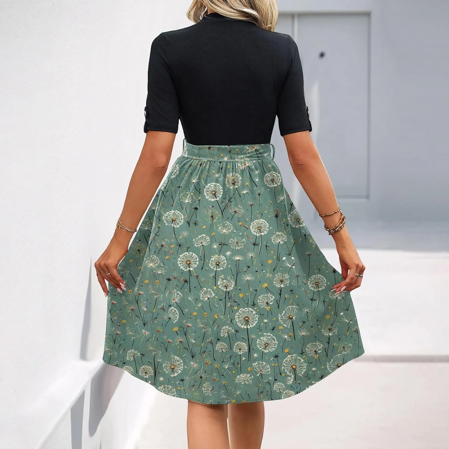Belted Waist 2025 Women's Floral Dress Short Sleeve Round Neck Casual Chic Sundress with Pockets