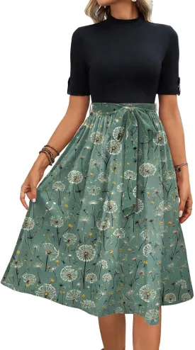 Belted Waist 2025 Women's Floral Dress Short Sleeve Round Neck Casual Chic Sundress with Pockets