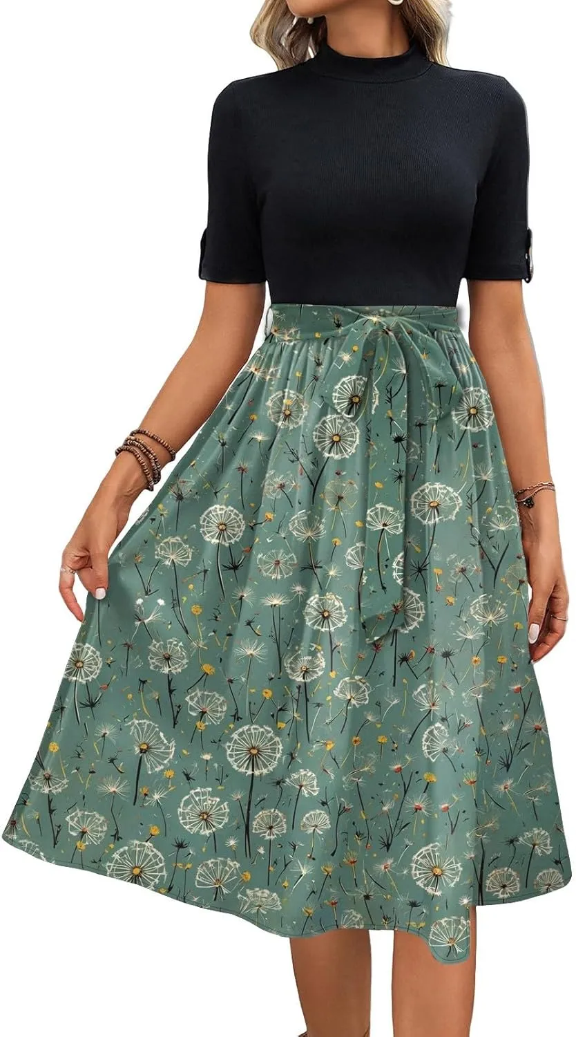 Belted Waist 2025 Women's Floral Dress Short Sleeve Round Neck Casual Chic Sundress with Pockets