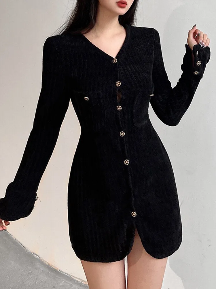 Black Velvet V-Neck Evening Party Short Dress