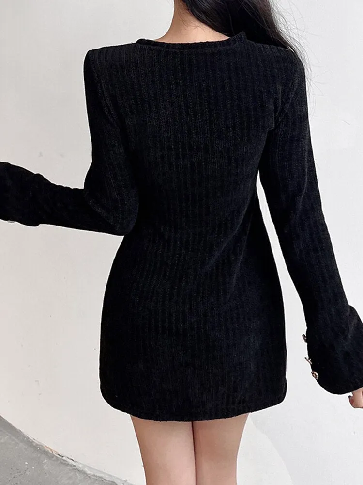 Black Velvet V-Neck Evening Party Short Dress