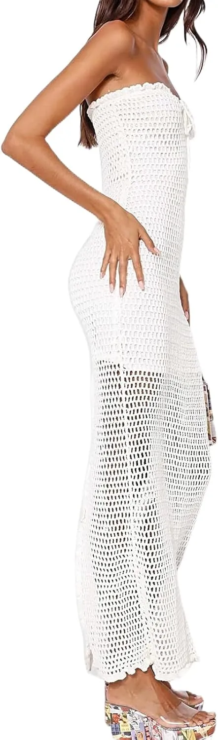 Bodycon Dresses for Women Summer Knit Hollow Out Sexy Night Out Midi Maxi Dress Sleeveless Long Cut Out Dress