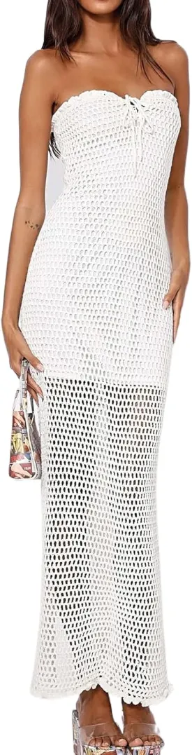 Bodycon Dresses for Women Summer Knit Hollow Out Sexy Night Out Midi Maxi Dress Sleeveless Long Cut Out Dress