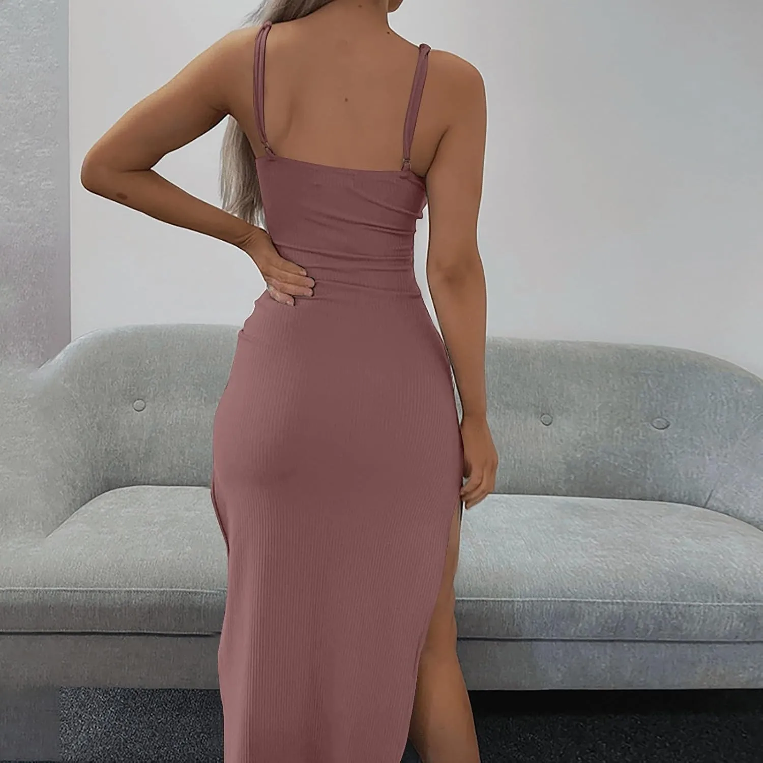 Bodycon Dresses for Women Tie Knot Cut Out Side Split Hem Sleeveless Knit Bodycon Maxi Dress