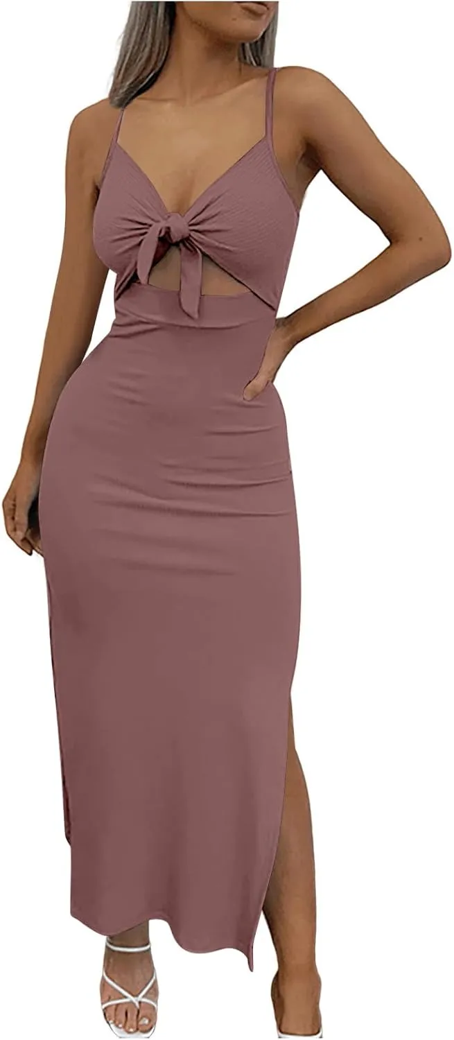 Bodycon Dresses for Women Tie Knot Cut Out Side Split Hem Sleeveless Knit Bodycon Maxi Dress