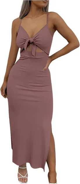 Bodycon Dresses for Women Tie Knot Cut Out Side Split Hem Sleeveless Knit Bodycon Maxi Dress