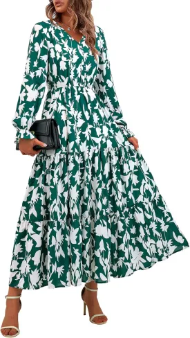 BTFBM Women Spring Dresses 2025 Casual Long Sleeve V Neck Maxi Dresses Floral Boho Long Dress Wedding Guest Dress
