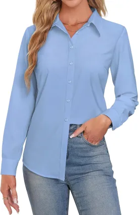 Button Down Shirts for Women Business Casual Blouses Long Sleeve Fit Dress Shirt Collar Wrinkle Free Work Tops