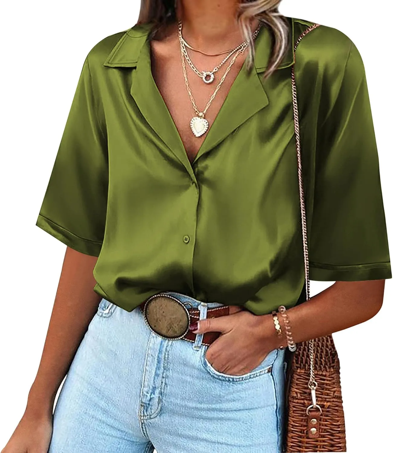 Chigant Women's Short Sleeve Satin Blouse Button Down Tops Casual Office Work Shirt S-XXL