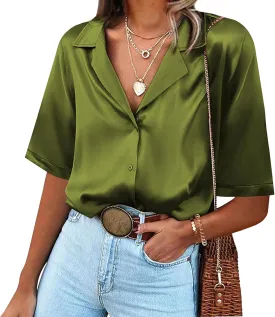 Chigant Women's Short Sleeve Satin Blouse Button Down Tops Casual Office Work Shirt S-XXL