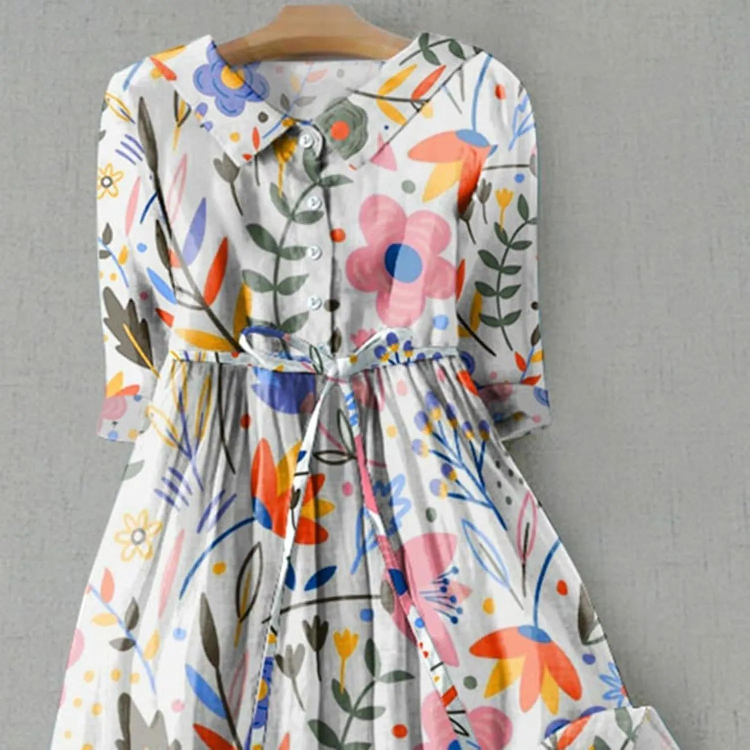 Cotton Linen Dresses for Women 2024 Maxi Button Down Plus Size A Line Dress Trendy 3/4 Sleeve Floral Dress Summer Dresses