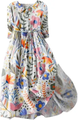 Cotton Linen Dresses for Women 2024 Maxi Button Down Plus Size A Line Dress Trendy 3/4 Sleeve Floral Dress Summer Dresses