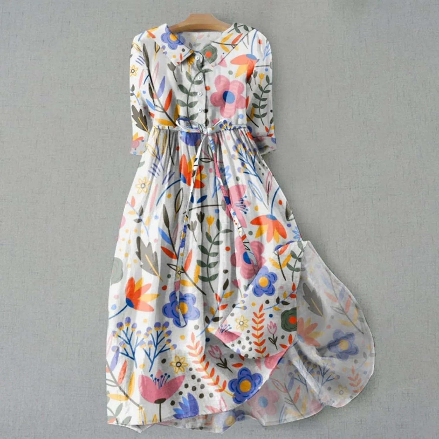 Cotton Linen Dresses for Women 2024 Maxi Button Down Plus Size A Line Dress Trendy 3/4 Sleeve Floral Dress Summer Dresses