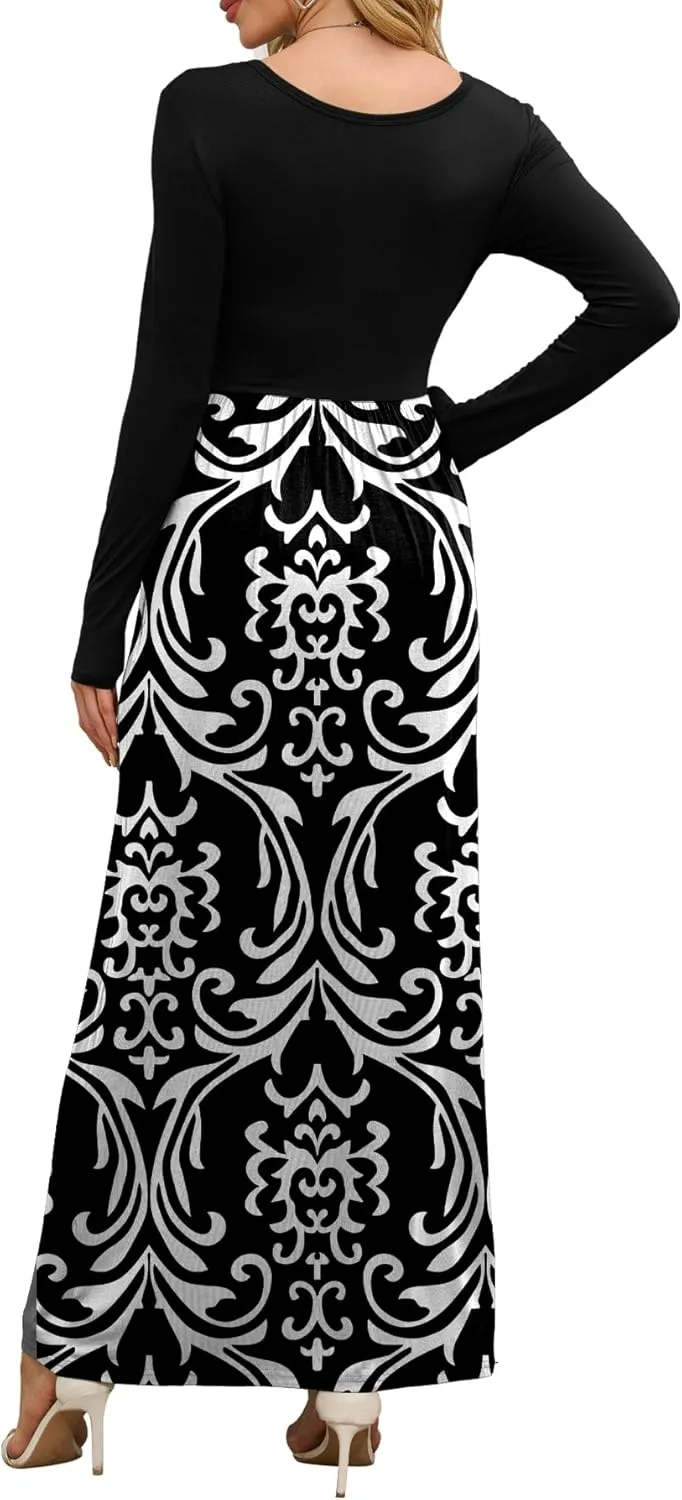 DEARCASE Women's Maxi Dress Long Sleeve Crewneck Loose Plain Casual Empire Waist Fall Party Long Dresses with Pockets