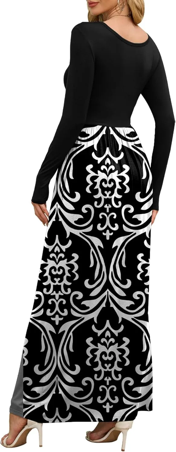 DEARCASE Women's Maxi Dress Long Sleeve Crewneck Loose Plain Casual Empire Waist Fall Party Long Dresses with Pockets