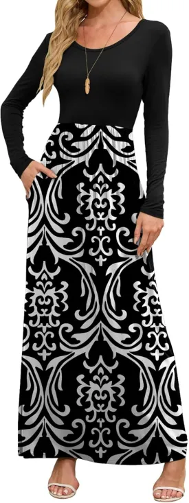 DEARCASE Women's Maxi Dress Long Sleeve Crewneck Loose Plain Casual Empire Waist Fall Party Long Dresses with Pockets