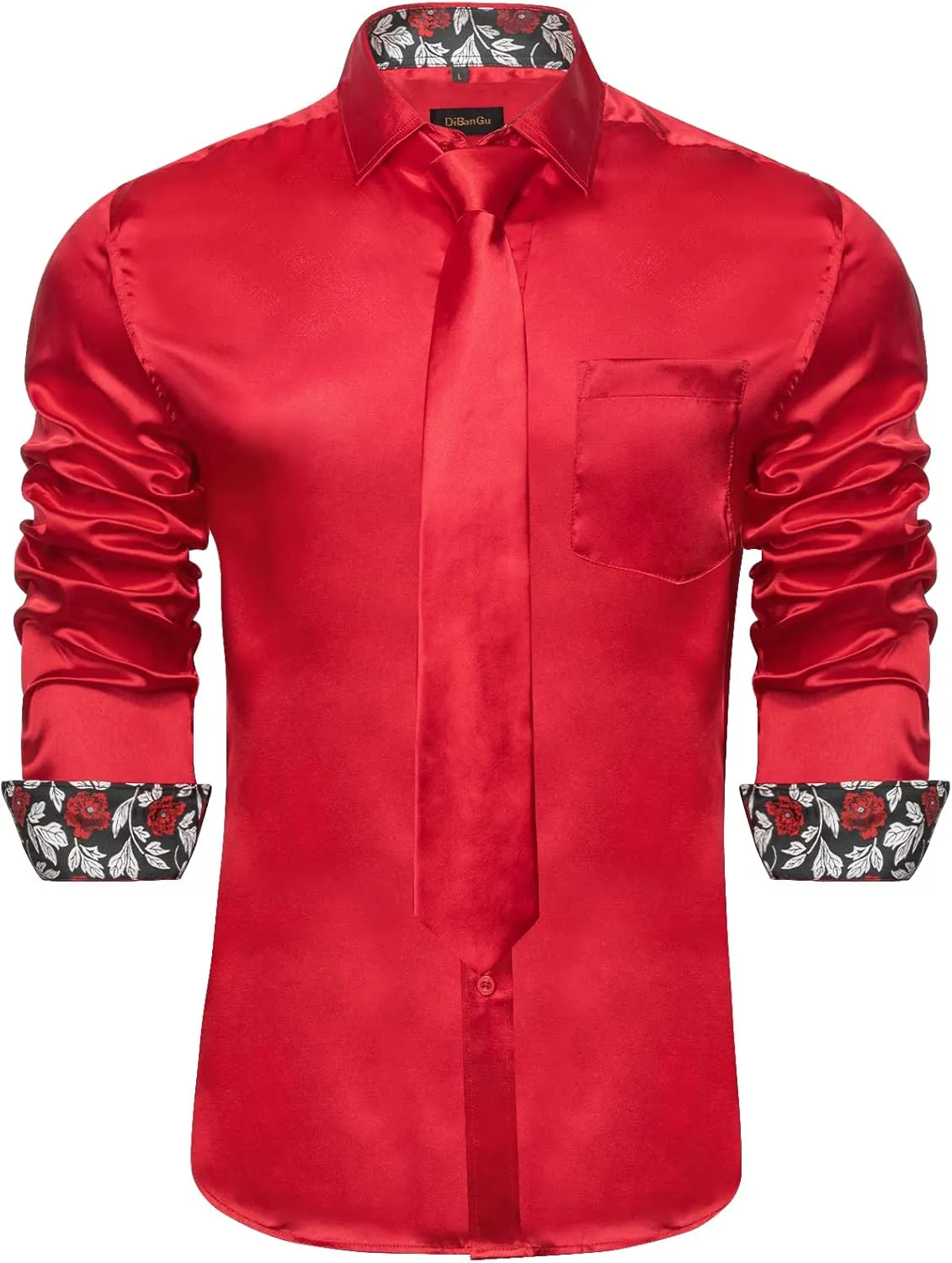 DiBanGu Satin Shirt and Tie Sets for Men Dress Shirts Long Sleeve Inner Contrast Men's Casual Button-Down Shirts S-3XL
