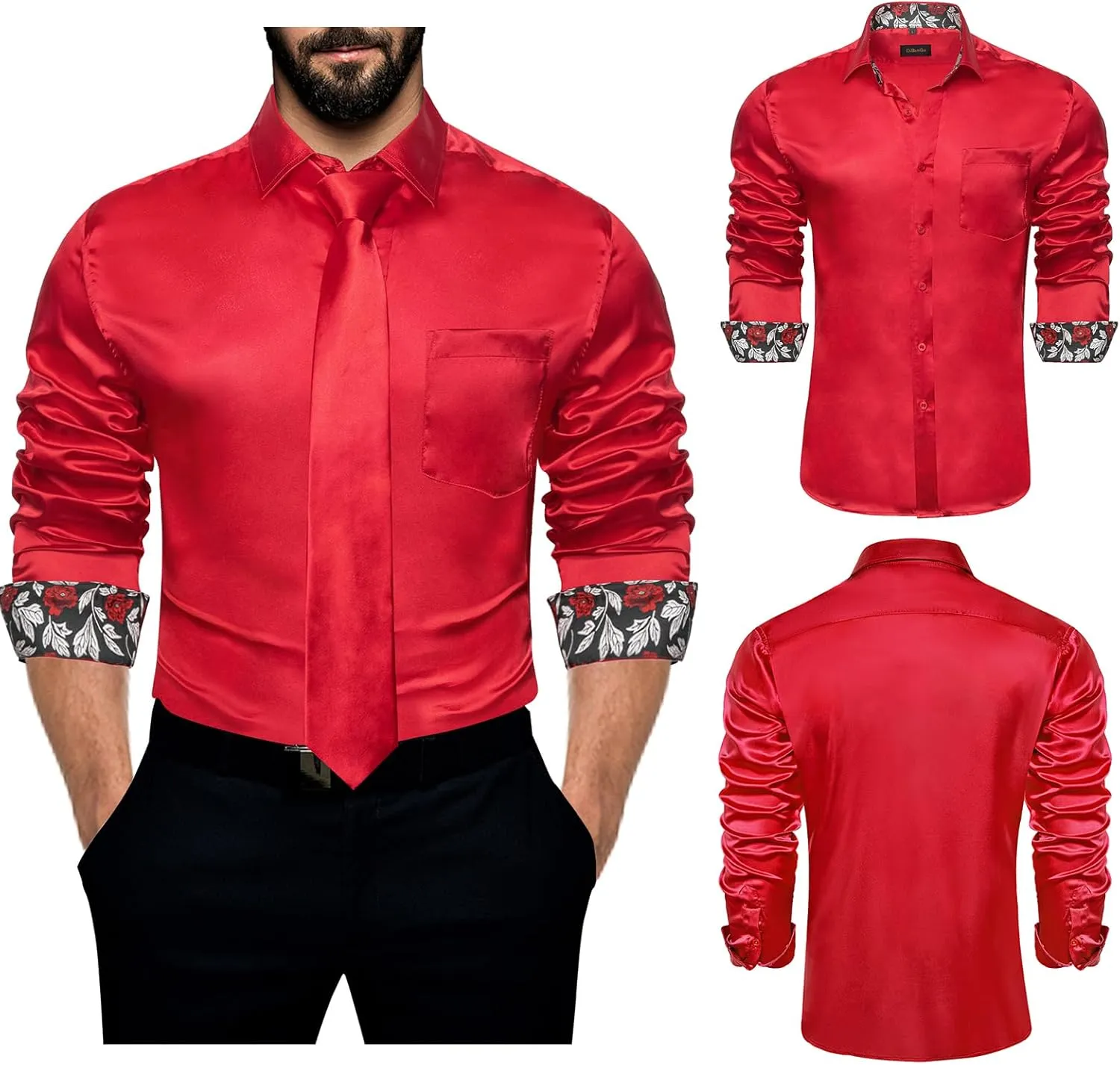 DiBanGu Satin Shirt and Tie Sets for Men Dress Shirts Long Sleeve Inner Contrast Men's Casual Button-Down Shirts S-3XL