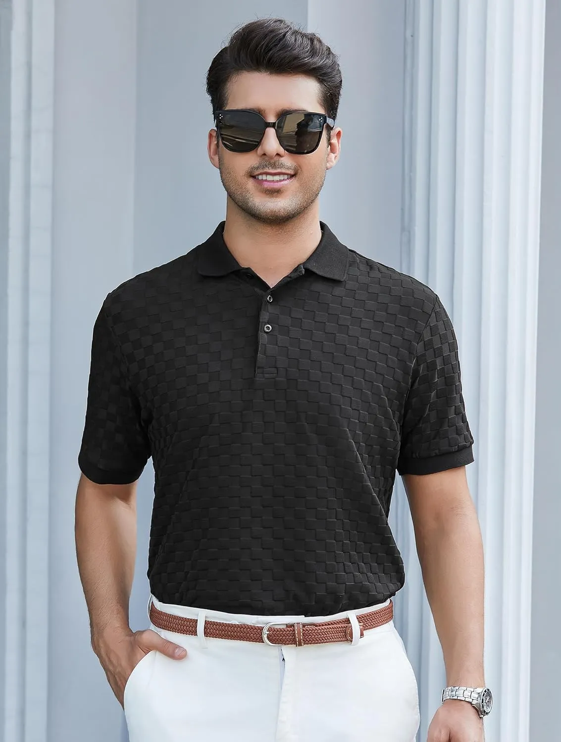 Esabel.C Men's Zipper Polo Shirts Textured Knit Short Sleeve Ribbed Stretchy Polo Shirts for Men