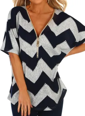 Ezcosplay Women Zipper Front V Neck Tunics Asymmetric Hem Color Block Tops T-Shirt
