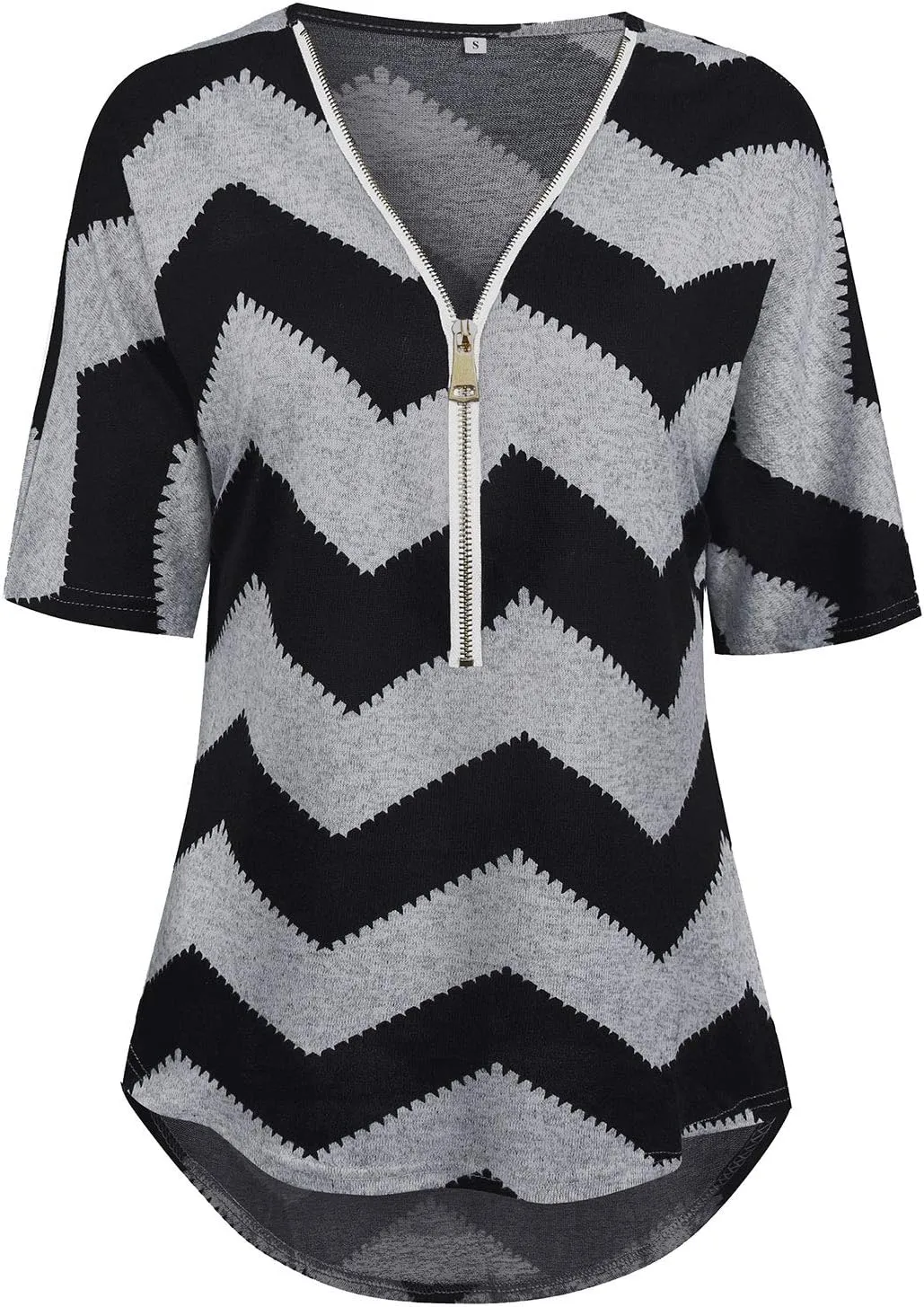 Ezcosplay Women Zipper Front V Neck Tunics Asymmetric Hem Color Block Tops T-Shirt