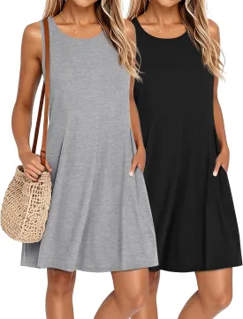 Ficerd 2 Pack Women's Summer Casual Dresses, Beach Cover up Tank Dress with Pockets Plain Round Neck Swing T Shirt Sundresses