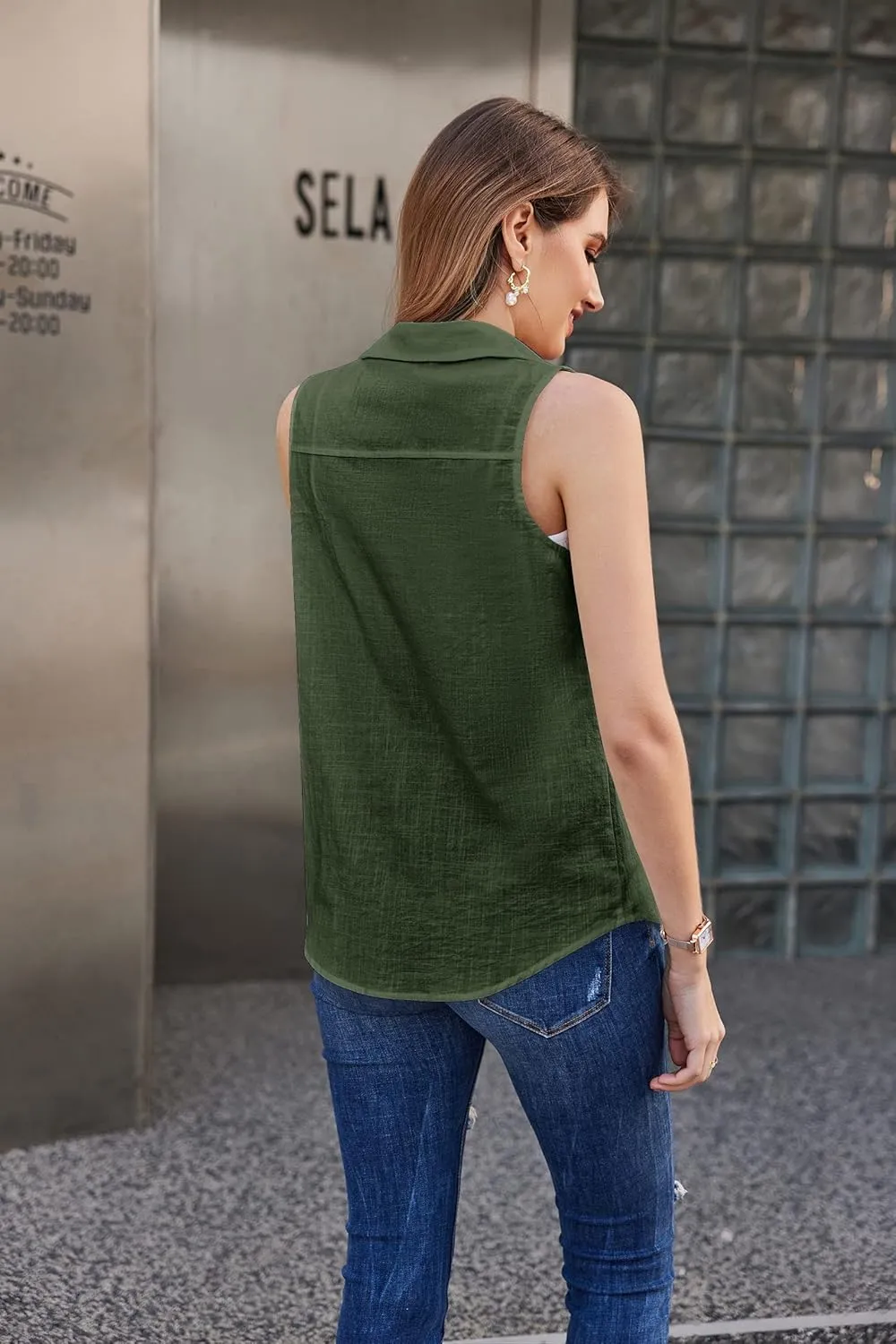 HOTOUCH Womens Sleeveless Button Down Shirt Collared Cotton Linen Blouse Casual Office Shirts Basic Tank Top