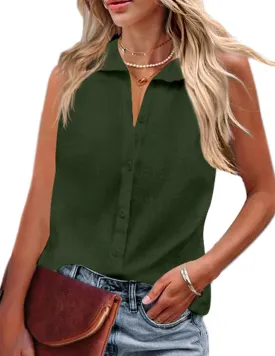 HOTOUCH Womens Sleeveless Button Down Shirt Collared Cotton Linen Blouse Casual Office Shirts Basic Tank Top