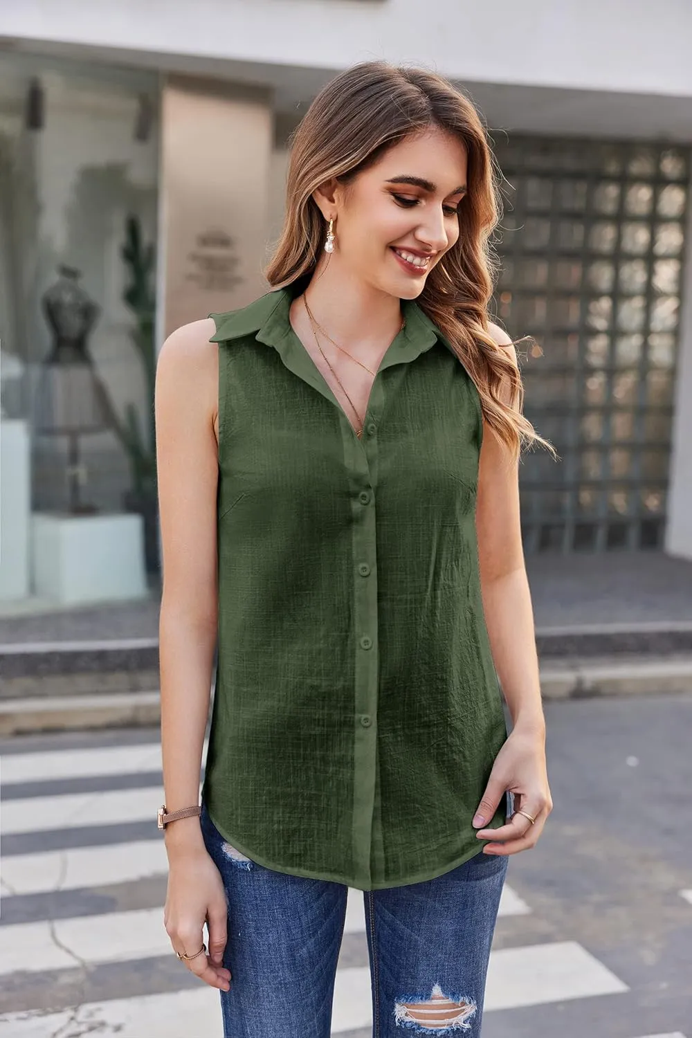 HOTOUCH Womens Sleeveless Button Down Shirt Collared Cotton Linen Blouse Casual Office Shirts Basic Tank Top